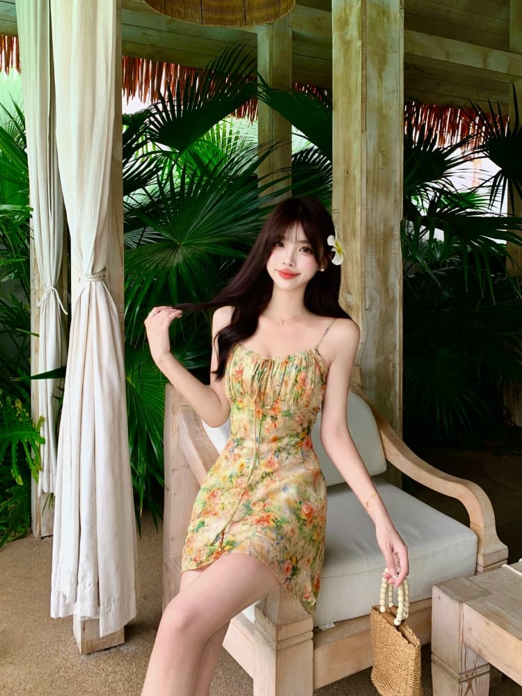 실사 모네 정원 3 차원 프린트 비스듬한 자르다 슬립 드레스 지방 mm 여름 슬림해 보이는 홀로우 아웃 블라우스 투피스 세트 상세 이미지 9