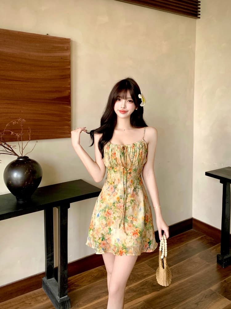 실사 모네 정원 3 차원 프린트 비스듬한 자르다 슬립 드레스 지방 mm 여름 슬림해 보이는 홀로우 아웃 블라우스 투피스 세트 상세 이미지 10
