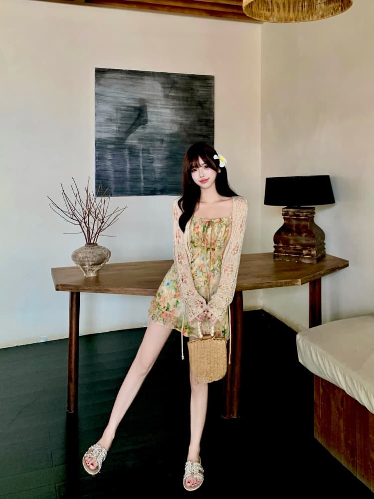 실사 모네 정원 3 차원 프린트 비스듬한 자르다 슬립 드레스 지방 mm 여름 슬림해 보이는 홀로우 아웃 블라우스 투피스 세트 상세 이미지 11