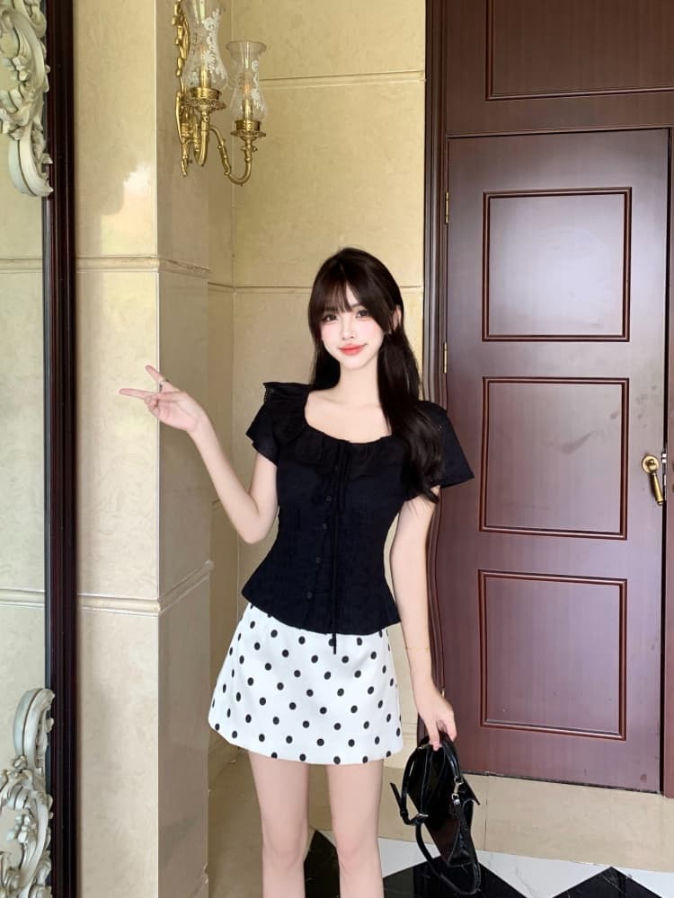 실사 레트로 프릴 셔츠 레이스업 뒤로 명중 가져 가라. 허리 수축 몸매 가꾸기 맨위 지방 mm 도트 무늬 반신 미니 스커트 상세 이미지 4
