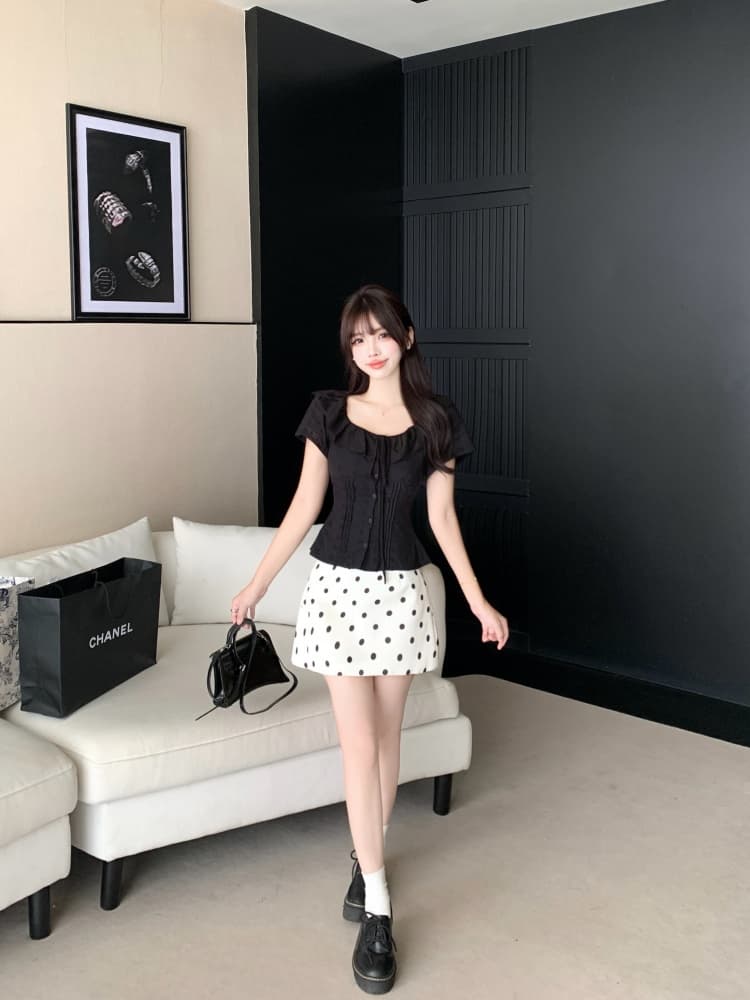 실사 레트로 프릴 셔츠 레이스업 뒤로 명중 가져 가라. 허리 수축 몸매 가꾸기 맨위 지방 mm 도트 무늬 반신 미니 스커트 상세 이미지 9