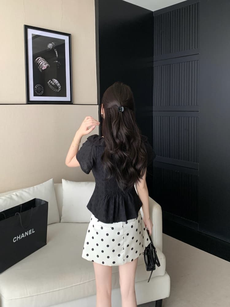 실사 레트로 프릴 셔츠 레이스업 뒤로 명중 가져 가라. 허리 수축 몸매 가꾸기 맨위 지방 mm 도트 무늬 반신 미니 스커트 상세 이미지 10