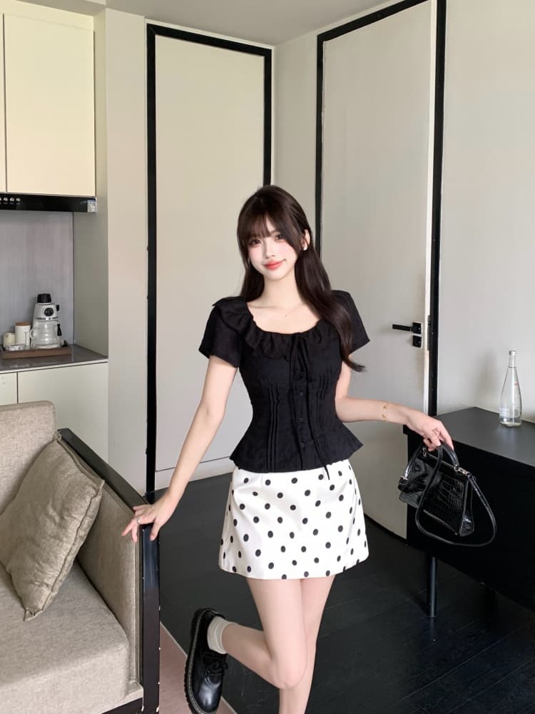 실사 레트로 프릴 셔츠 레이스업 뒤로 명중 가져 가라. 허리 수축 몸매 가꾸기 맨위 지방 mm 도트 무늬 반신 미니 스커트 상세 이미지 11