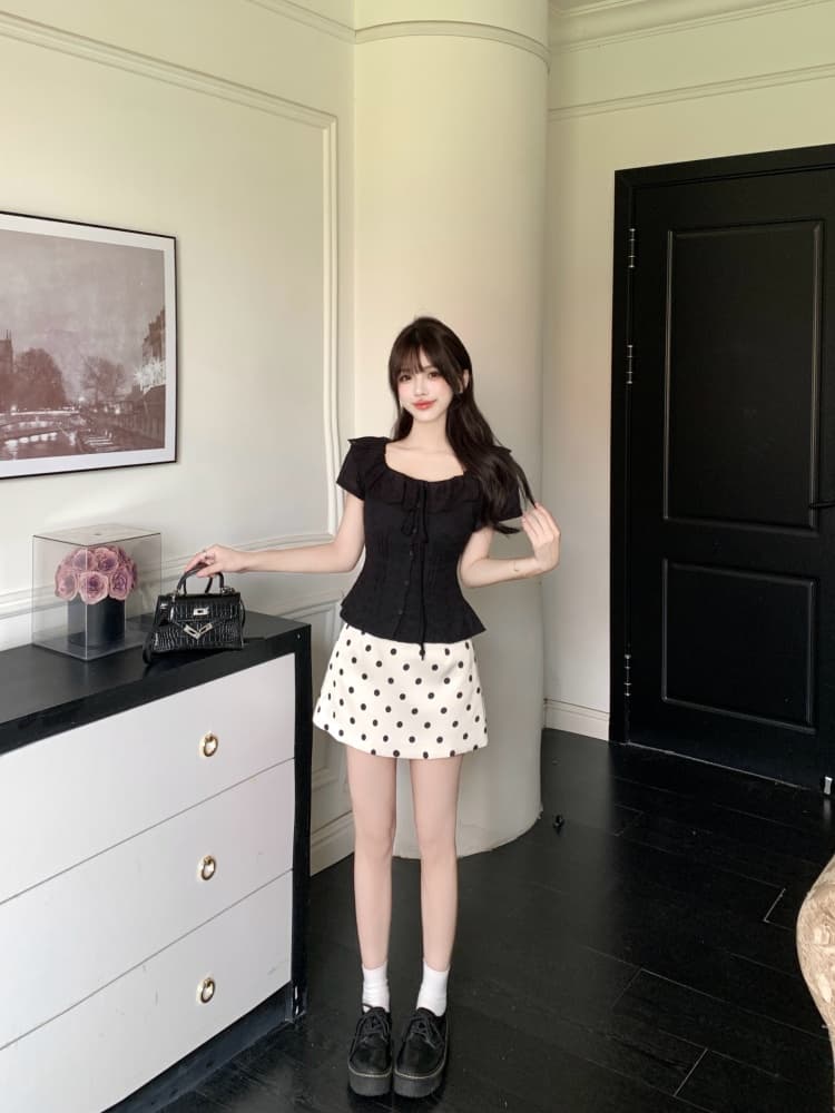 실사 레트로 프릴 셔츠 레이스업 뒤로 명중 가져 가라. 허리 수축 몸매 가꾸기 맨위 지방 mm 도트 무늬 반신 미니 스커트 상세 이미지 13