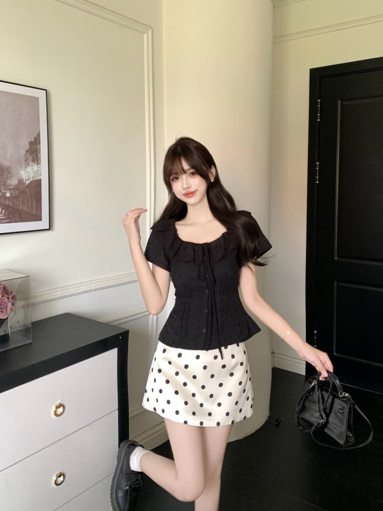 실사 레트로 프릴 셔츠 레이스업 뒤로 명중 가져 가라. 허리 수축 몸매 가꾸기 맨위 지방 mm 도트 무늬 반신 미니 스커트 상세 이미지 14