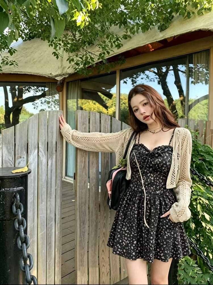 빅 사이즈 여성 의류 프랑스식 레트로 이른 가을 지방 mm 허리 수축 뒤로 명중 가져 가라. 디자인 센스 꽃무늬 슬립 드레스 홀로우 아웃 오픈 가디건 상세 이미지 4