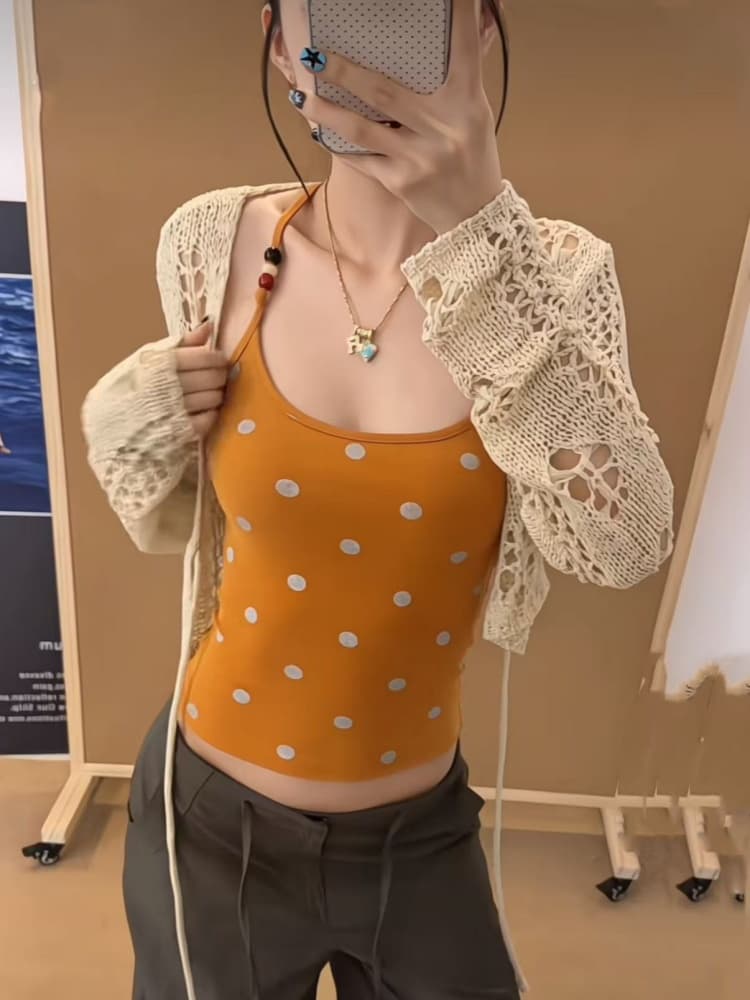 아메리칸 핫걸 레트로 실버 그라데이션 비즈 캐미솔 통통한 여동생 홀로우 아웃 이른 가을 세트 슬림해 보이는 다용도