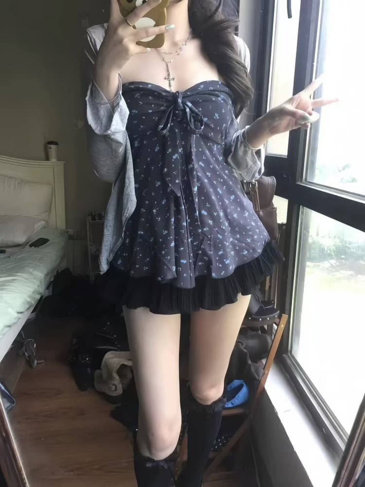 한 첨부 된 의류 투피스 세트 지방 mm 분위기 센스 이른 가을 핫걸 착용 가져 가라. 꽃무늬 행침 목 튜브탑 오픈 가디건 투피스 세트 이미지 3