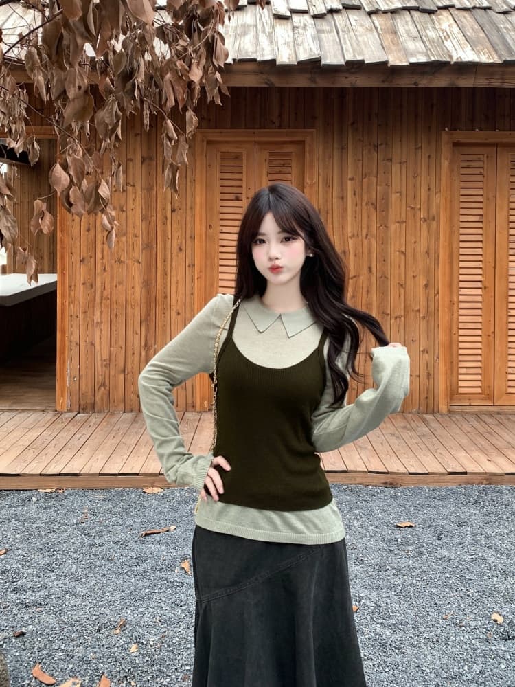 실사 녹색 긍정적 인 어깨 긴팔 니트 스웨터 3종 세트 지방 mm 2026 가을 새로운 불규칙 데님 스커트 상세 이미지 9