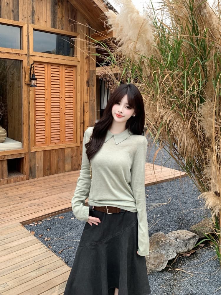 실사 녹색 긍정적 인 어깨 긴팔 니트 스웨터 3종 세트 지방 mm 2026 가을 새로운 불규칙 데님 스커트 상세 이미지 13