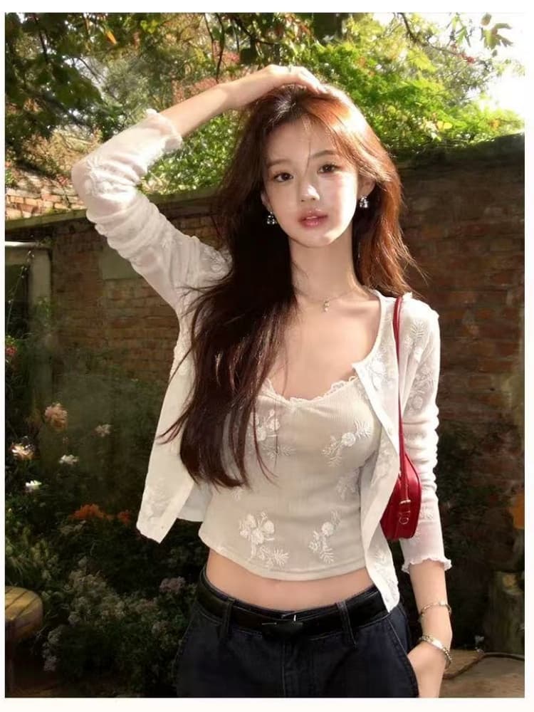 디자인 센스 3 차원 자카드 오픈 가디건 슬립 투피스 세트 통통한 여동생 2026 이른 가을 새로운 고급 센스 슬림해 보이는 상세 이미지 4