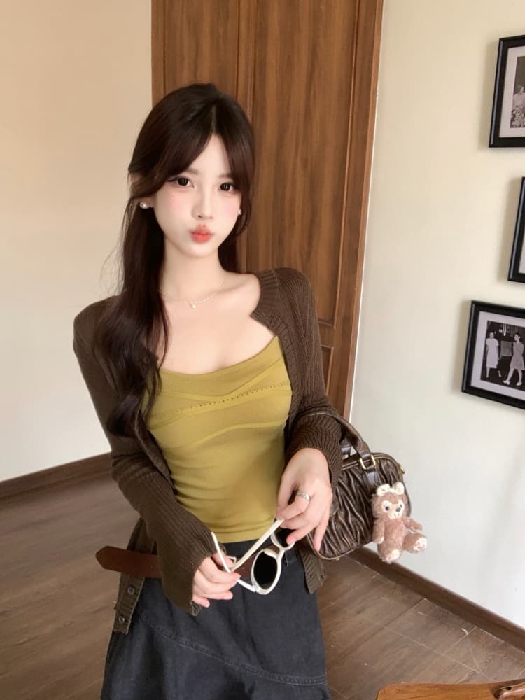 실사 이른 가을 이끼 녹색 3종 세트 지방 mm 착용 가져 가라. 센스 몸매 가꾸기 슬림해 보이는 니트 오픈 가디건 불규칙 데님 중간 스커트 상세 이미지 7