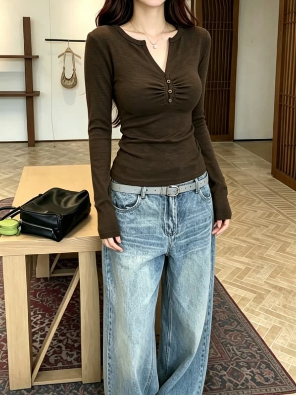 아메리칸 이른 가을 긴팔 디자인 센스 슬림해 보이는 V넥 지방 mm 티셔츠 기본 셔츠 반 개방 칼라 몸매 가꾸기 미니멀리즘 맨위 상세 이미지 4