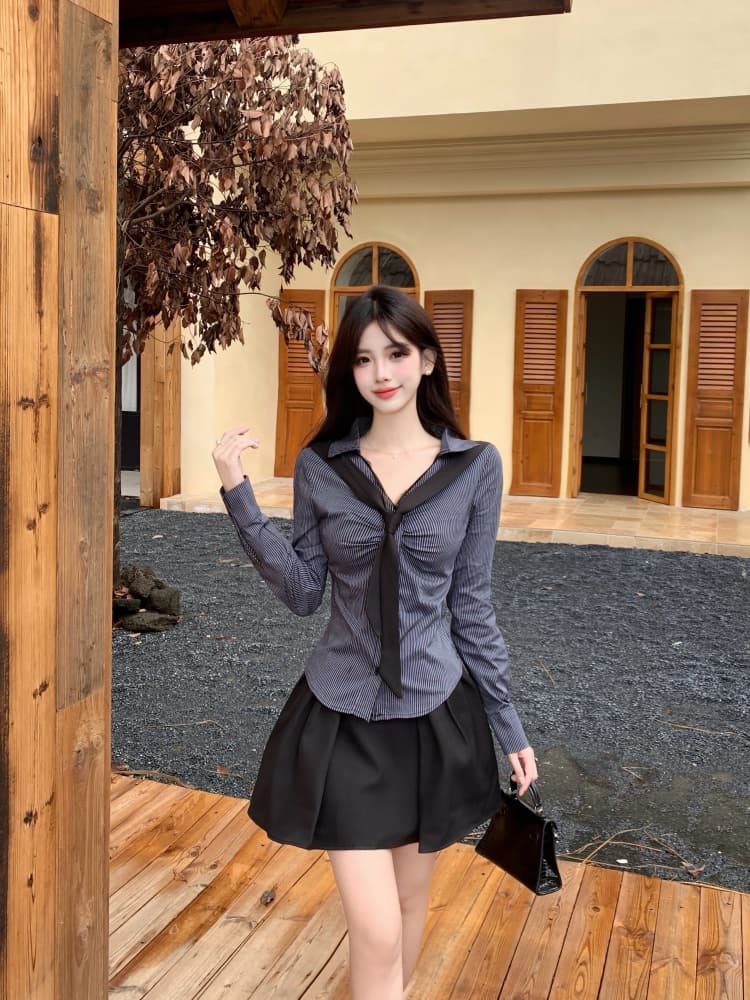실사 높음 지혜 한국 스타일 허리 수축 스트라이프 V 넥 셔츠 레이스 조각 지방 mm 허리 수축 맨위 주머니 반신 스커트 이미지 2