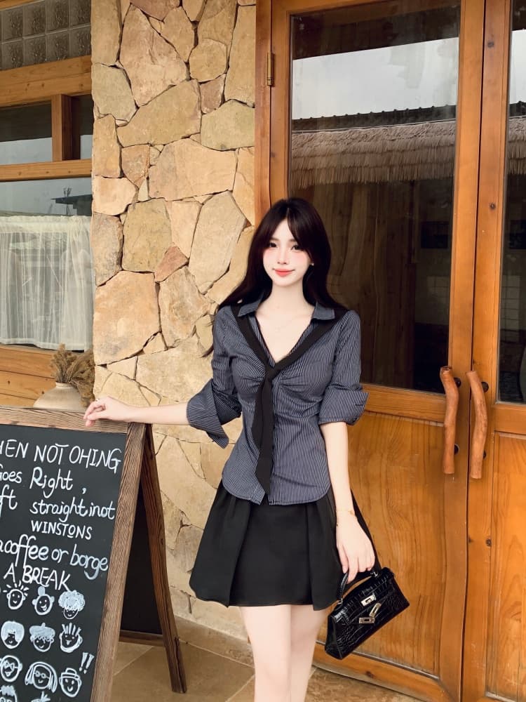 실사 높음 지혜 한국 스타일 허리 수축 스트라이프 V 넥 셔츠 레이스 조각 지방 mm 허리 수축 맨위 주머니 반신 스커트 상세 이미지 8