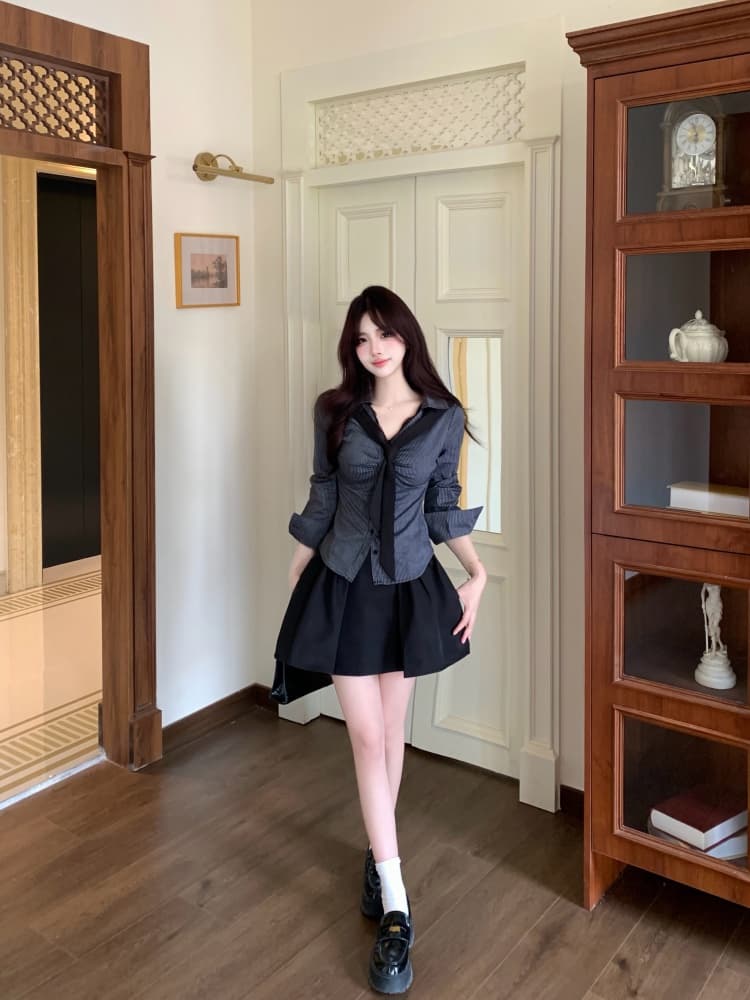 실사 높음 지혜 한국 스타일 허리 수축 스트라이프 V 넥 셔츠 레이스 조각 지방 mm 허리 수축 맨위 주머니 반신 스커트 상세 이미지 11