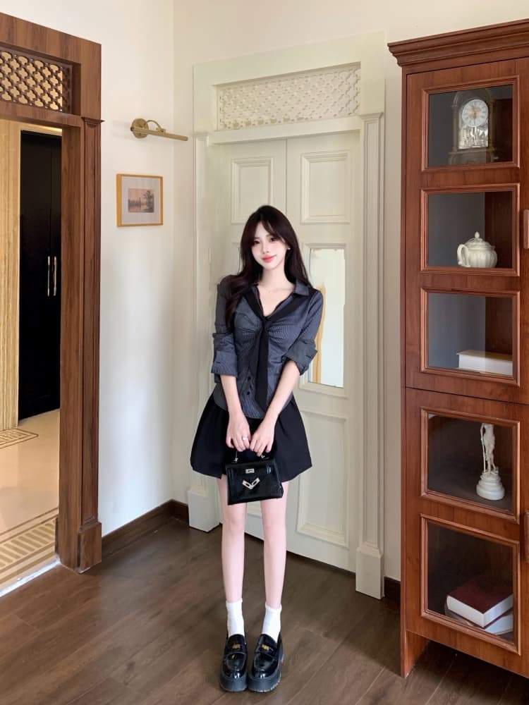 실사 높음 지혜 한국 스타일 허리 수축 스트라이프 V 넥 셔츠 레이스 조각 지방 mm 허리 수축 맨위 주머니 반신 스커트 상세 이미지 12