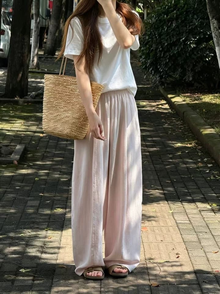 핑크색 주간 실크 차가운 아마 와이드 레깅스 바지 여름 얇은 스타일 2026 새로운 자외선 차단 루즈핏 캐주얼 면 린넨 모통이 칼 바지 이미지 2
