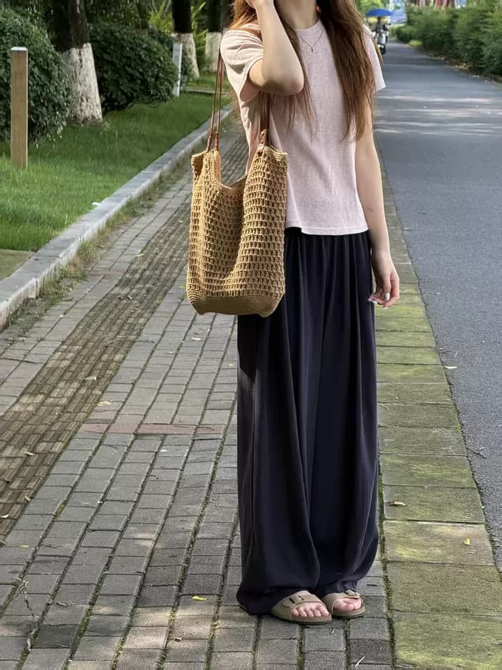 핑크색 주간 실크 차가운 아마 와이드 레깅스 바지 여름 얇은 스타일 2026 새로운 자외선 차단 루즈핏 캐주얼 면 린넨 모통이 칼 바지 이미지 3
