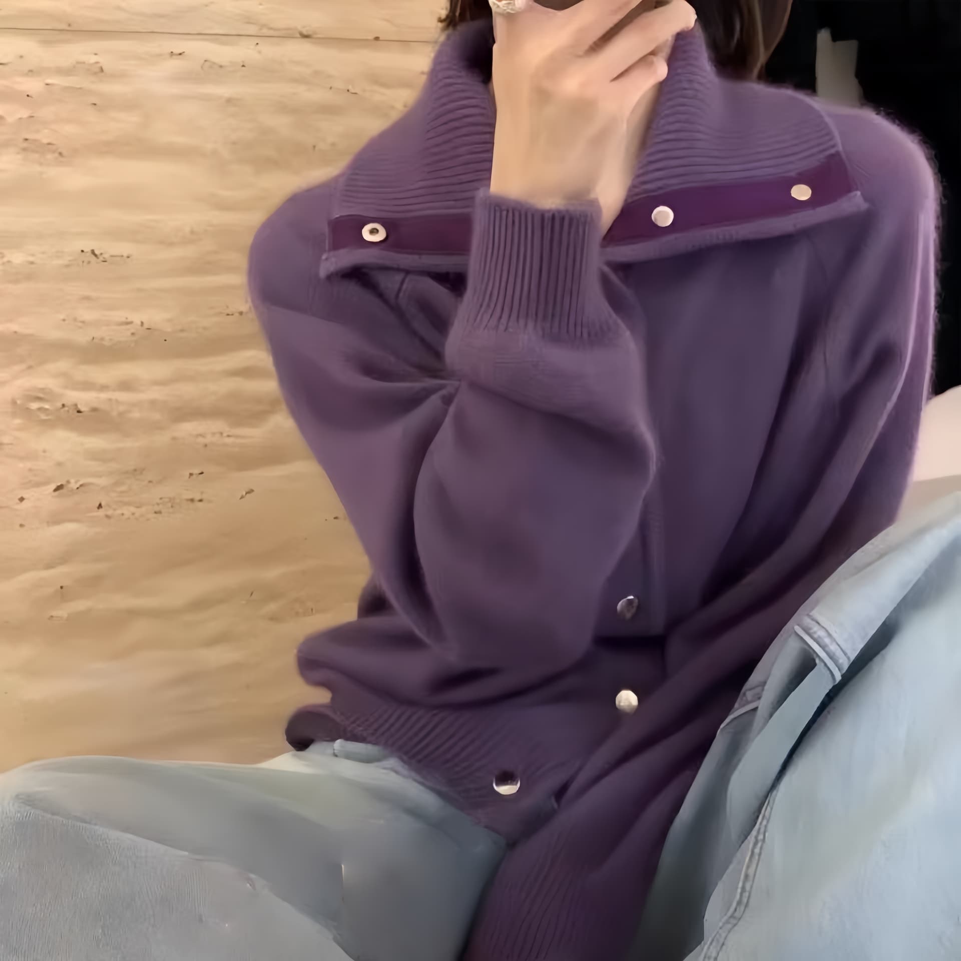 파란색 너구리 플러시 배색 폴로 칼라 니트 오픈 가디건 여성 가을 겨울 새로운 느긋한 바람 부드러운 찹쌀 POLO 칼라 스웨터 코트 이미지 3
