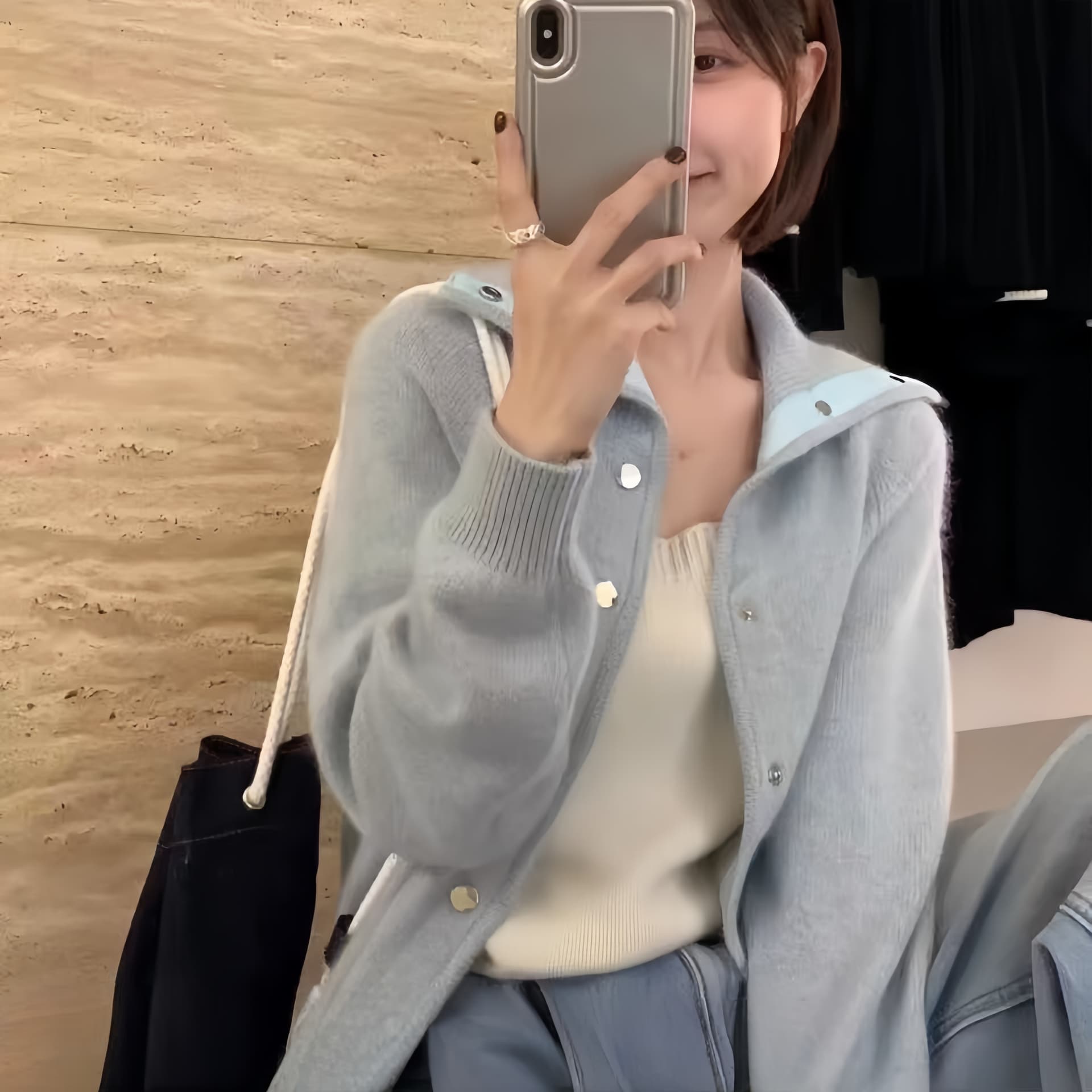 파란색 너구리 플러시 배색 폴로 칼라 니트 오픈 가디건 여성 가을 겨울 새로운 느긋한 바람 부드러운 찹쌀 POLO 칼라 스웨터 코트