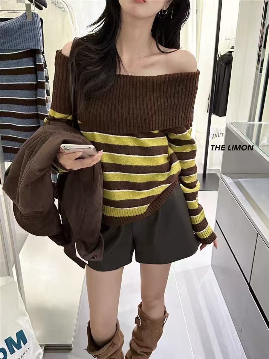 한국 동대문 가을 새로운 느긋한 바람 스트라이프 배색 보트넥 보온 긴팔 니트 스웨터 스웨터 여자 트렌디 상세 이미지 2