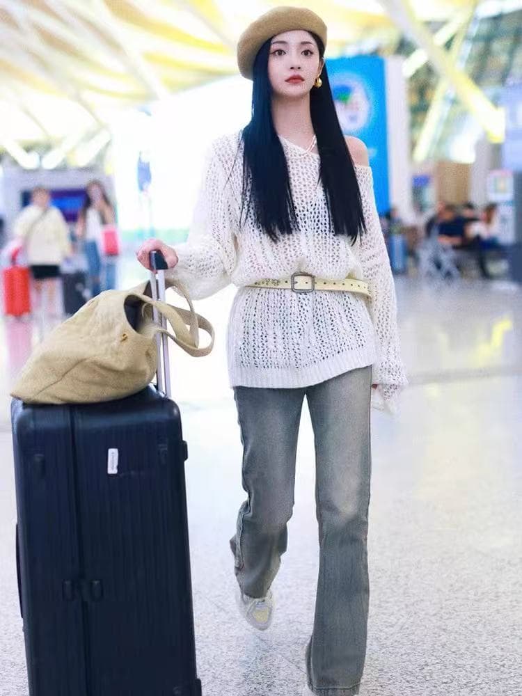 스타 같은 단락 홀로우 아웃 얇은 스타일 니트 스웨터 비스듬한 칼라 긴팔 루즈핏 몸매 가꾸기 가을 새로운 여성 의류 맨위 상세 이미지 4
