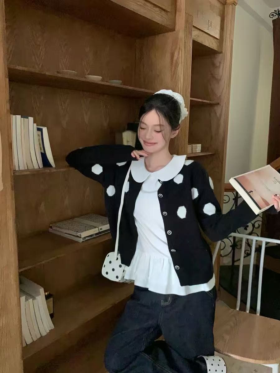 한 부서 검정색 도트 무늬 스웨터 오픈 가디건 여성 코트 봄 루즈핏 캐주얼 다용도 부드러운 찹쌀 니트 맨위 이미지 2