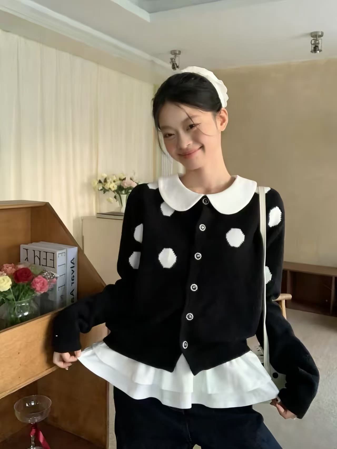 한 부서 검정색 도트 무늬 스웨터 오픈 가디건 여성 코트 봄 루즈핏 캐주얼 다용도 부드러운 찹쌀 니트 맨위 상세 이미지 1