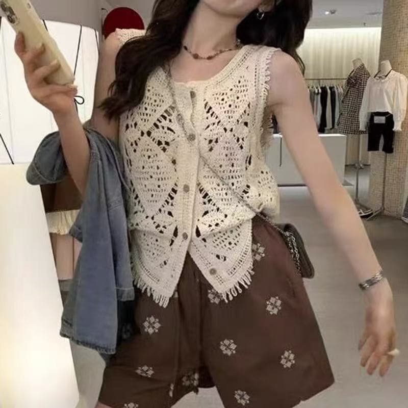 한 부서 레트로 홀로우 아웃 자수 민소매 니트 조끼 여자 여름 캐주얼 휴가 바람 술 외국 가스 오픈 가디건 맨위 이미지 2