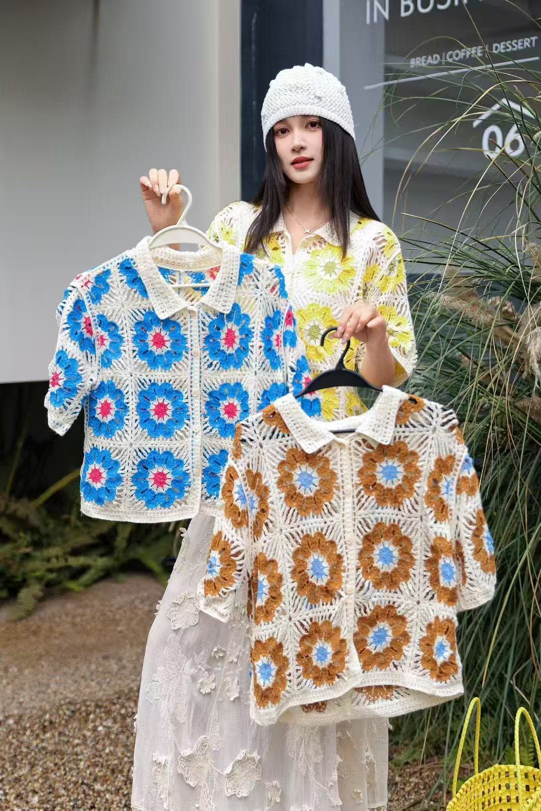 2026 새로운 민족 스타일 자수 홀로우 아웃 스택 바늘 짠 셔츠 무거운 작업 자카드 반팔 POLO 셔츠 상세 이미지 1