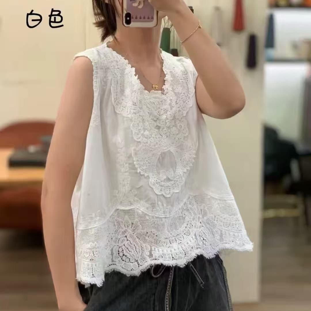 민족 스타일 면 린넨 자수 넓은 어깨 화이트 조끼 여성 외출용 루즈핏 느긋한 바람 레이스 레이스 민소매 맨위 상세 이미지 1