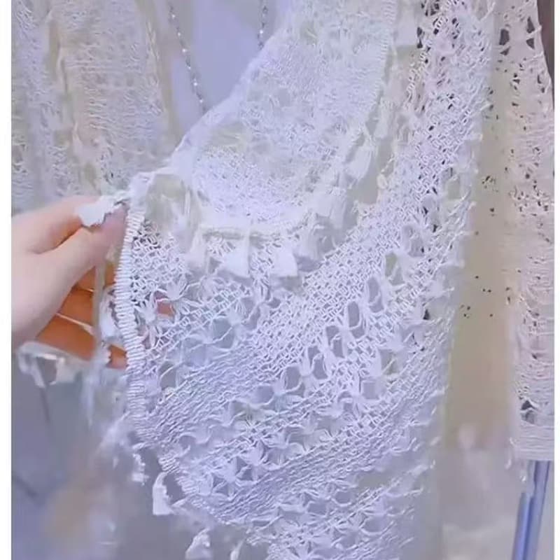 2026 새로운 술 레이스업 외부 가져 가라. 오픈 가디건 블라우스 스웨터 살구 색상 폴로 칼라 홀로우 아웃 니트 숄 얇은 여성 코트 이미지 5