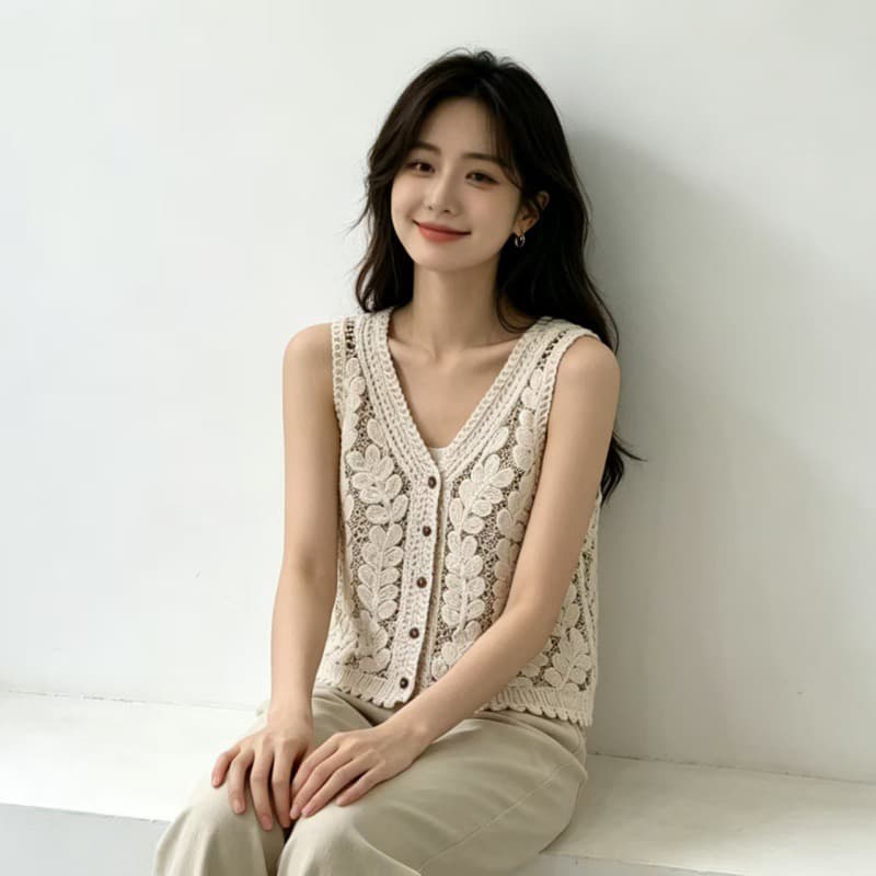 디자인 센스 홀로우 아웃 민소매 조끼 맨위 여성 외출용 여름 2026 슈퍼 화재 쇼트 스타일 외출용 블라우스 상세 이미지 3