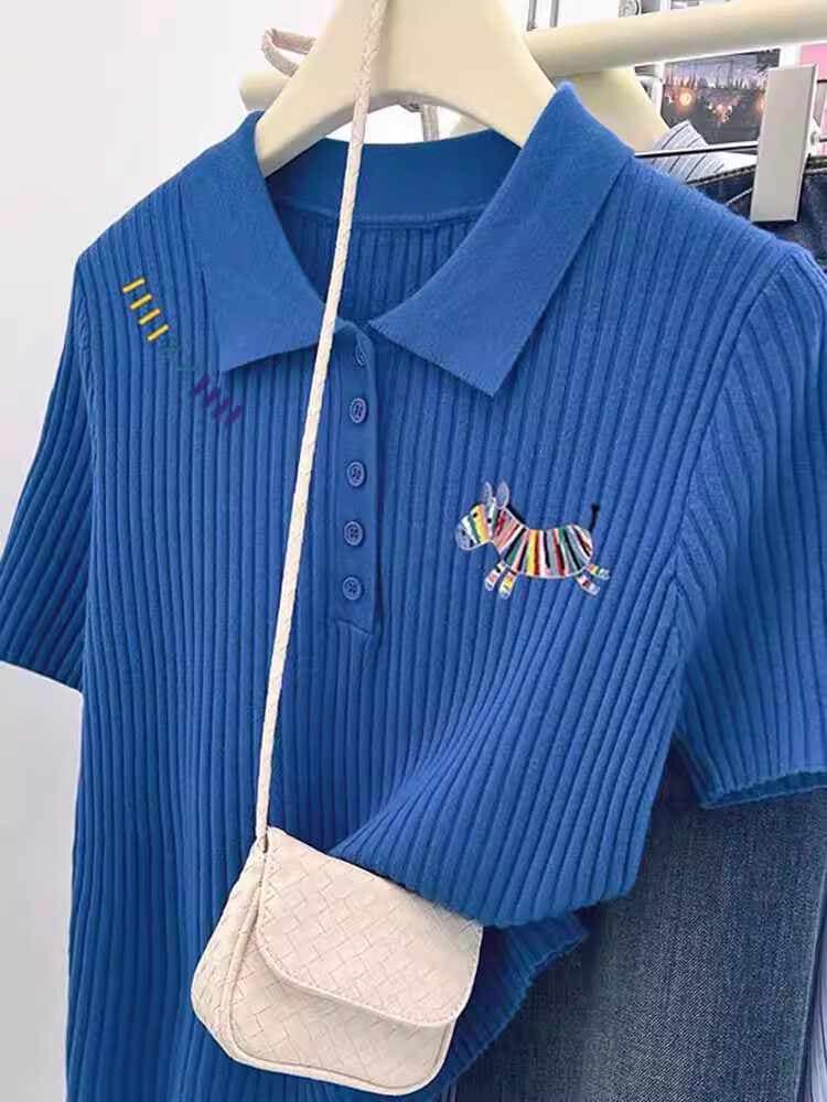 도파민 톰 글 래 원인 블루 POLO 칼라 긍정적 인 어깨 반팔 티셔츠 여성 여름 한 부서 연령 감소 다용도 캐주얼 맨위