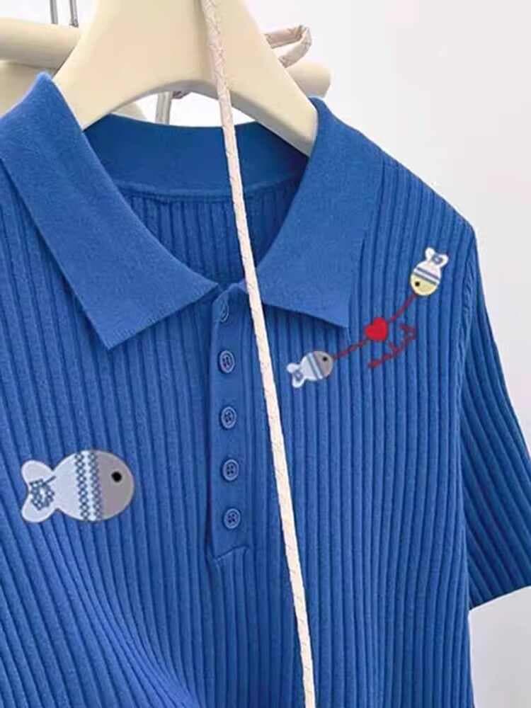 톰 글 래 원인 파란색 긍정적 인 어깨 반팔 빅 사이즈 니트 외국 가스 패션 POLO 칼라 지방 mm 작은 대중 디자인 맨위 여성 여름 이미지 3