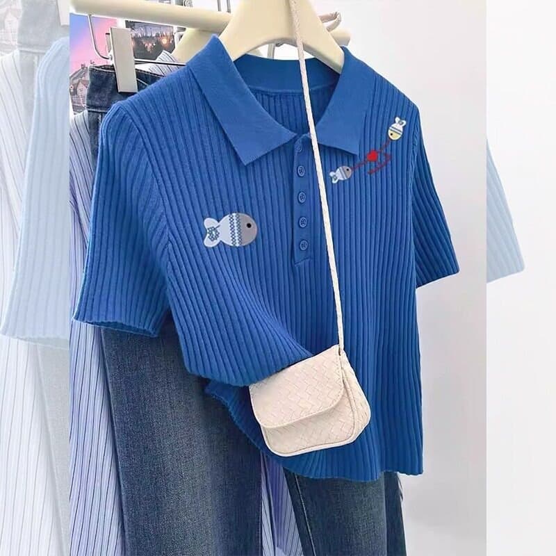 톰 글 래 원인 파란색 긍정적 인 어깨 반팔 빅 사이즈 니트 외국 가스 패션 POLO 칼라 지방 mm 작은 대중 디자인 맨위 여성 여름 이미지 5