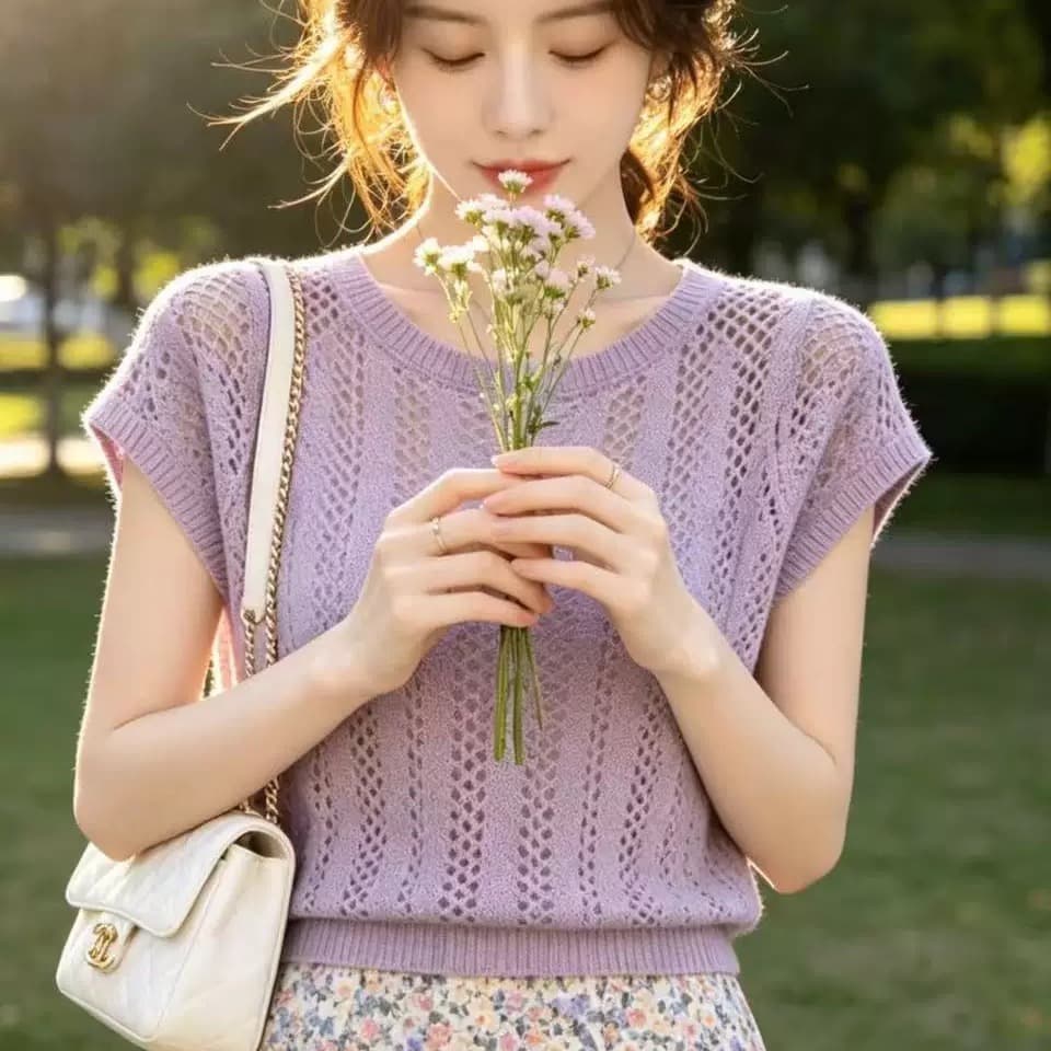 한 바람 chic 품격 보라색 홀로우 아웃 니트 스웨터 티셔츠 여성 의류 2026 여름 새로운 패션 캐주얼 짧은 맨위 이미지 5