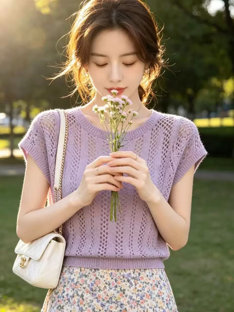 한 바람 chic 품격 보라색 홀로우 아웃 니트 스웨터 티셔츠 여성 의류 2026 여름 새로운 패션 캐주얼 짧은 맨위 상세 이미지 2