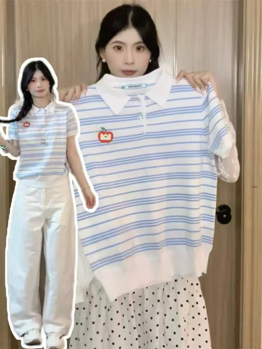 스트라이프 POLO 칼라 반팔 니트 스웨터 여성 여름 얇은 스타일 작은 대중 디자인 센스 슬림해 보이는 학원 스타일 쇼트 스타일 맨위 트렌디 상세 이미지 2