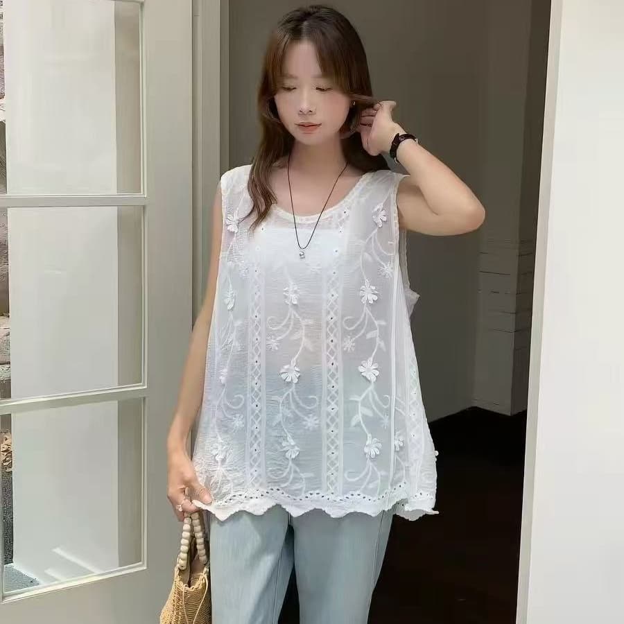 한 부서 자수 민소매 조끼 여성 여름 2026 새로운 외출용 루즈핏 느긋한 바람 느슨함 센스 맨위 상세 이미지 2