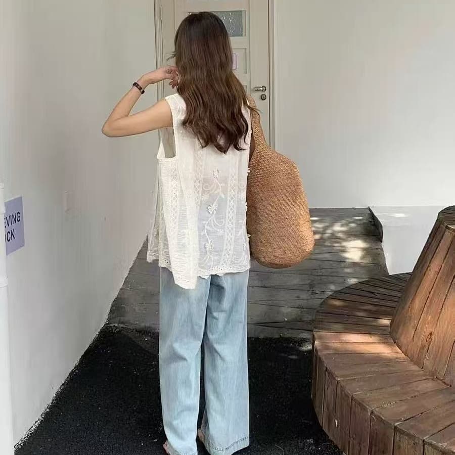 한 부서 자수 민소매 조끼 여성 여름 2026 새로운 외출용 루즈핏 느긋한 바람 느슨함 센스 맨위 상세 이미지 6