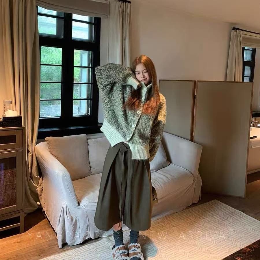 프랑스식 레트로 혼합 색상 스탠드 칼라 오픈 가디건 스웨터 여자 가을 겨울 느긋한 바람 와이드 부드러운 찹쌀 호박 주황색 니트 스웨터 재킷 상세 이미지 2