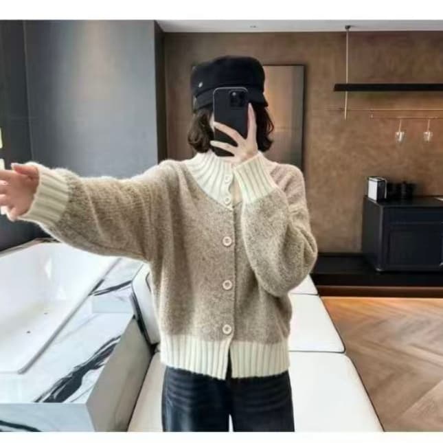 프랑스식 레트로 혼합 색상 스탠드 칼라 오픈 가디건 스웨터 여자 가을 겨울 느긋한 바람 와이드 부드러운 찹쌀 호박 주황색 니트 스웨터 재킷 상세 이미지 6