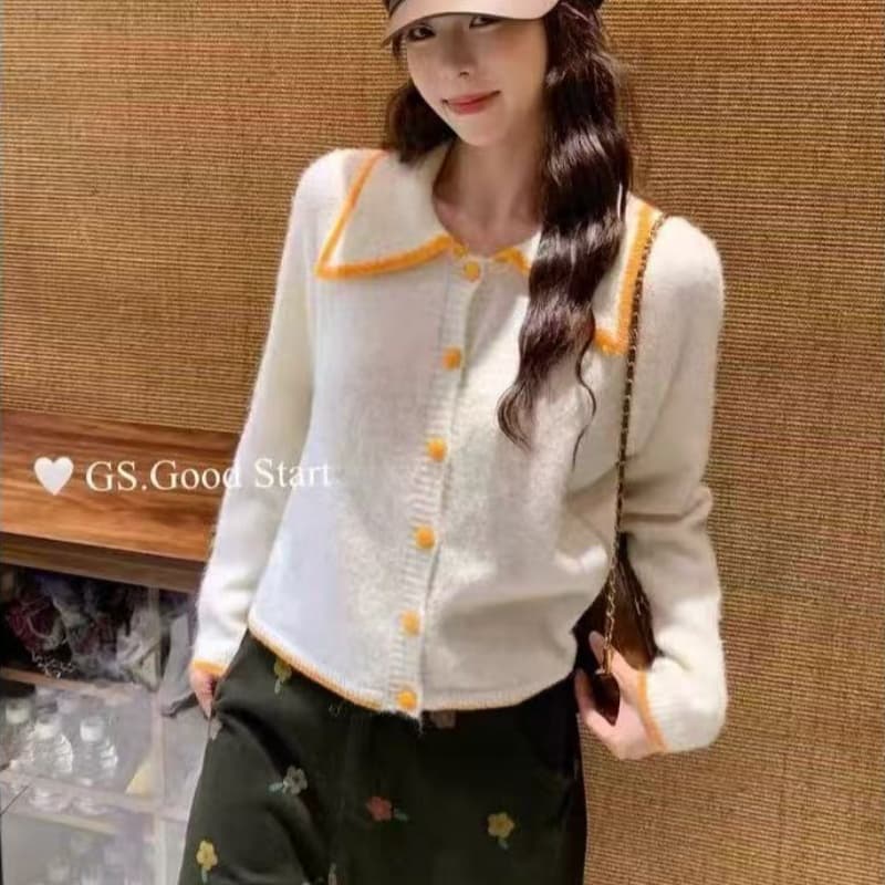 프랑스식 베이비 칼라 배색 스웨터 오픈 가디건 여성 봄 루즈핏 느긋한 바람 외국 가스 연령 감소 황색 니트 스웨터 맨위 이미지 2