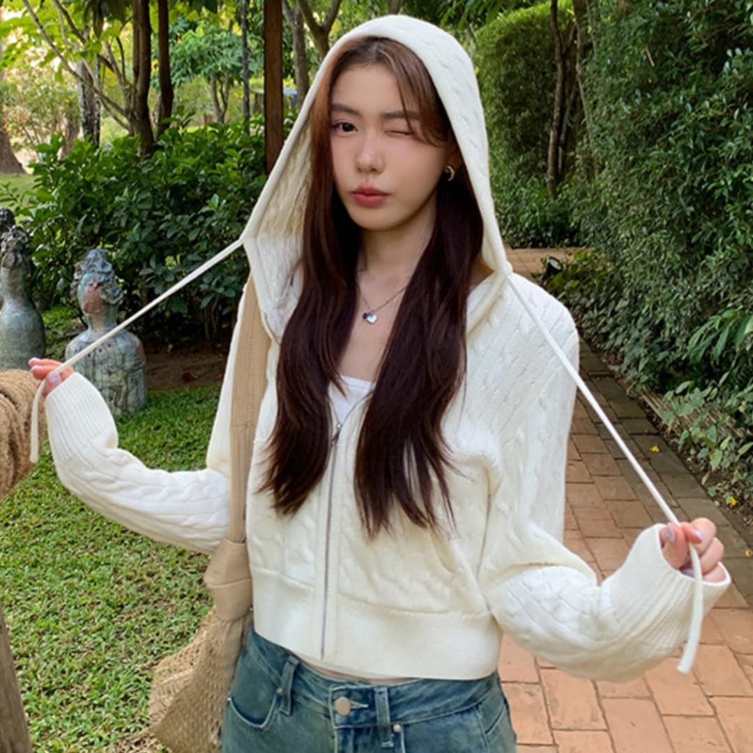 한 부서 후드 꽈배기 니트 오픈 가디건 여성 몸매 가꾸기 품격 느긋한 지퍼 털 외투 셔츠 긴팔 맨위 이미지 4