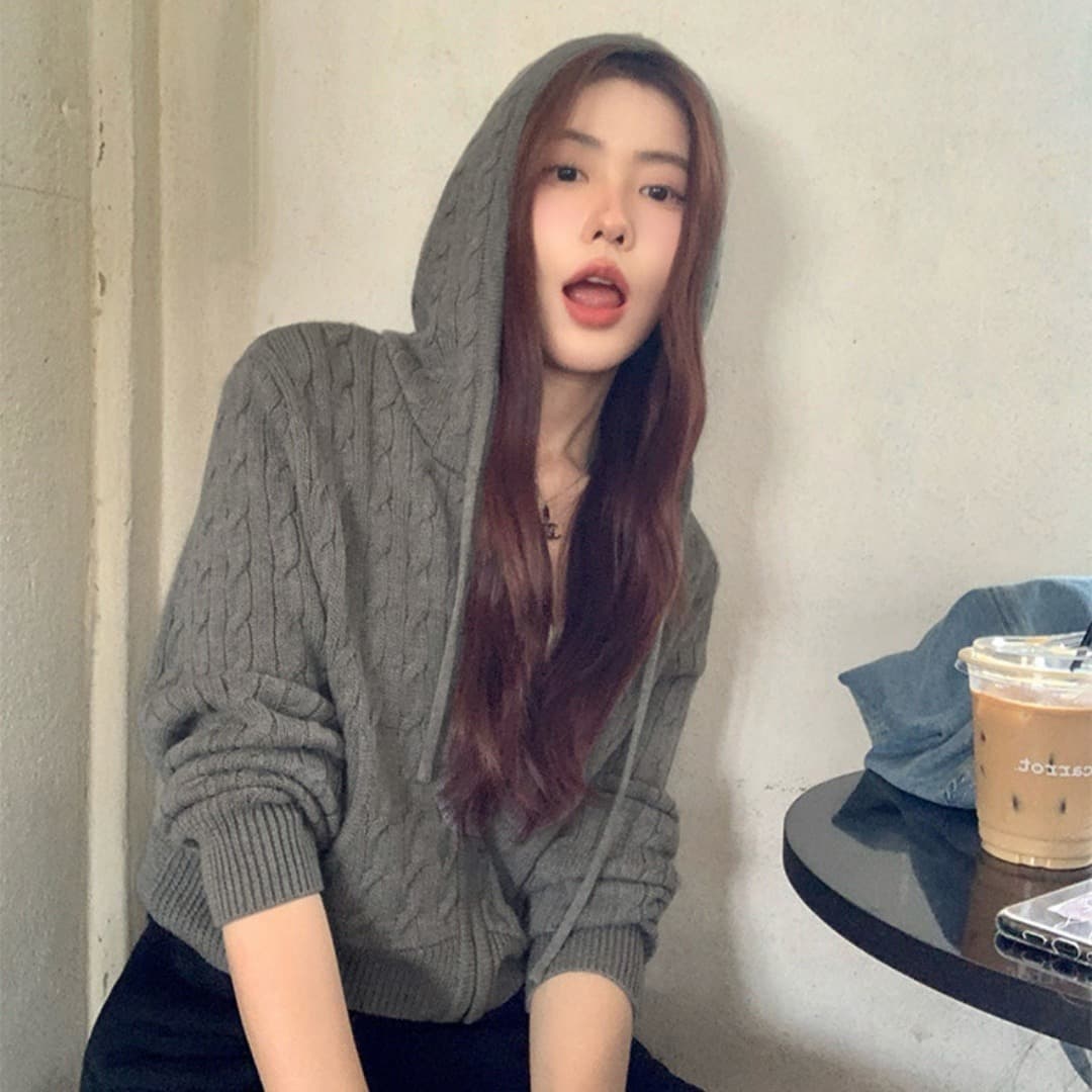 한 부서 후드 꽈배기 니트 오픈 가디건 여성 몸매 가꾸기 품격 느긋한 지퍼 털 외투 셔츠 긴팔 맨위 이미지 5