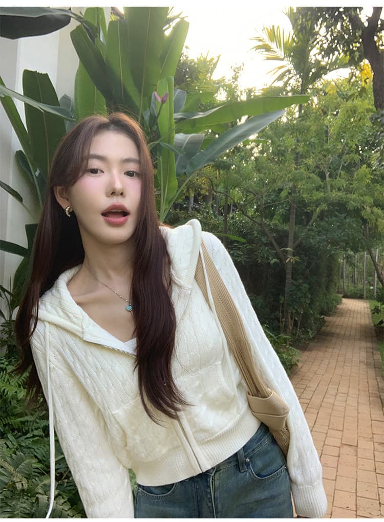 한 부서 후드 꽈배기 니트 오픈 가디건 여성 몸매 가꾸기 품격 느긋한 지퍼 털 외투 셔츠 긴팔 맨위 상세 이미지 5