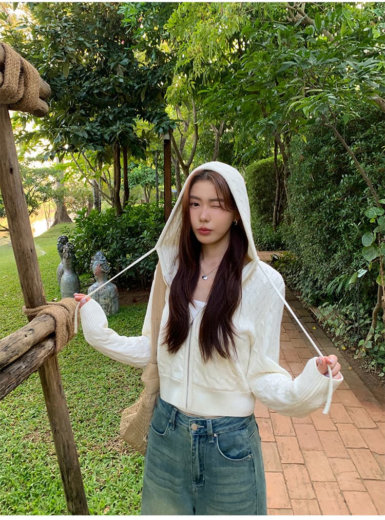 한 부서 후드 꽈배기 니트 오픈 가디건 여성 몸매 가꾸기 품격 느긋한 지퍼 털 외투 셔츠 긴팔 맨위 상세 이미지 7