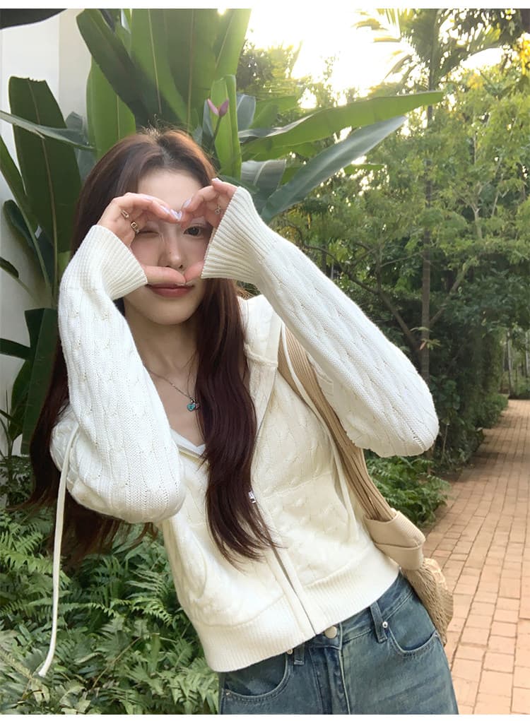 한 부서 후드 꽈배기 니트 오픈 가디건 여성 몸매 가꾸기 품격 느긋한 지퍼 털 외투 셔츠 긴팔 맨위 상세 이미지 12
